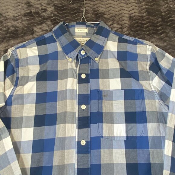 Abercrombie & Fitch Blue & White Plaid Button-Up Shirt Muscle Fit L Mens Casual - Picture 3 of 8